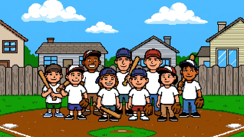 Eight neighbourhood kids with bats and gloves on a backyard diamond